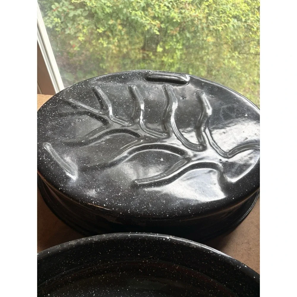 Vintage Blue Speckled Enamel Roasting Pan w Lid Oval Graniteware Roaster